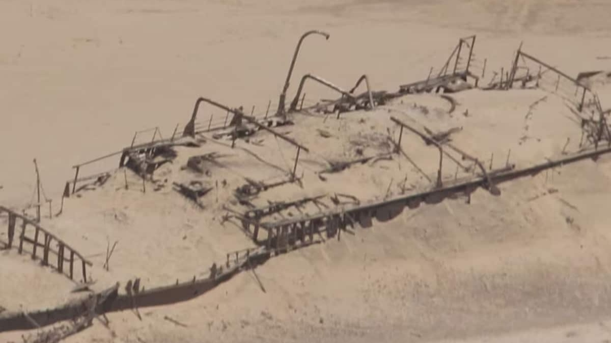 Exposed hull of the 1533 Bom Jesus shipwreck in Namibia's Namib Desert, discovered 2008 near Oranjemund.