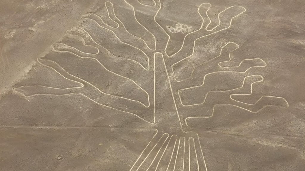 Aerial drone photograph of newly discovered Nazca geoglyphs showing relief-type figures (approximately 9 meters each) depicting humanoid and animal motifs arranged near ancient footpaths in the Nazca Desert, Peru