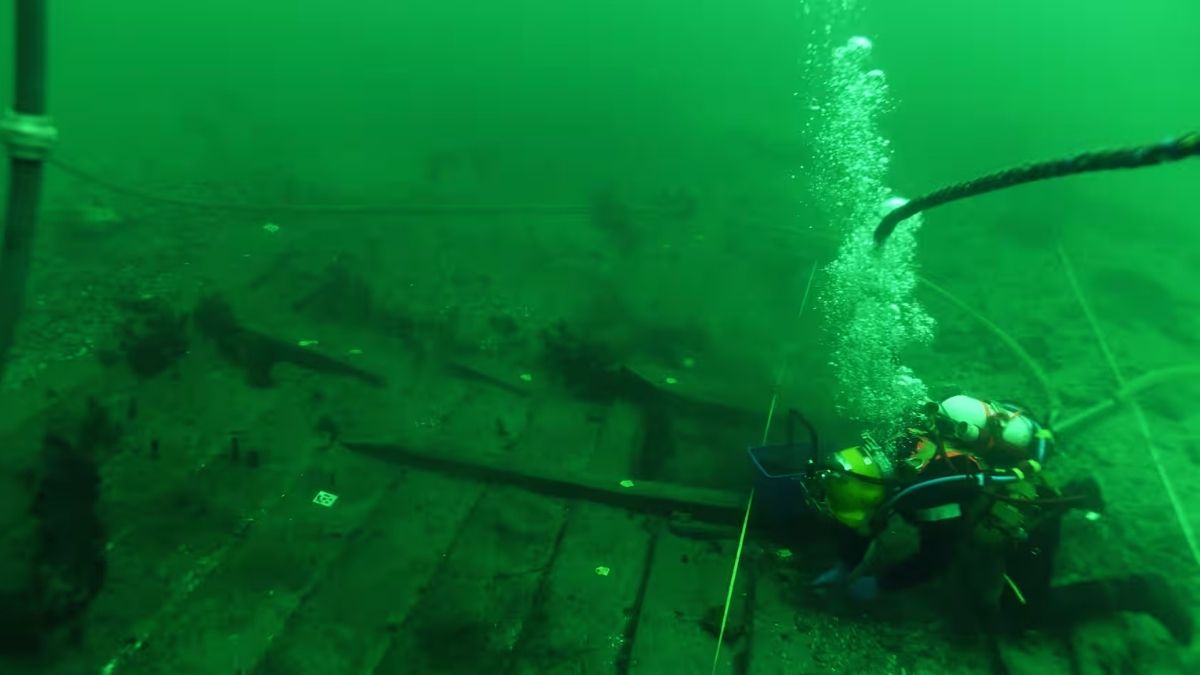 Excavated remains of the medieval cog ship Svælget 2 off the coast of Copenhagen