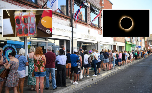 Massive lines seen as Britons queue for HOURS in sweltering heat to buy solar eclipse glasses for historic event