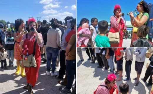 Clowns entertain illegal migrants in France waiting to cross Channel into Britain