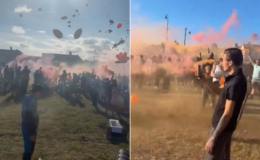 Hordes of balaclava-clad youths light flares for dead A66 'joyriders' in chaotic vigil while mourners pray silently for two PCs