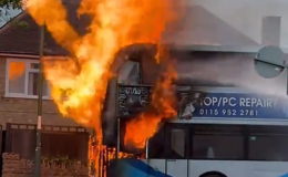 Nottingham bus engulfed in flames as firefighters rush to scene to extinguish raging inferno